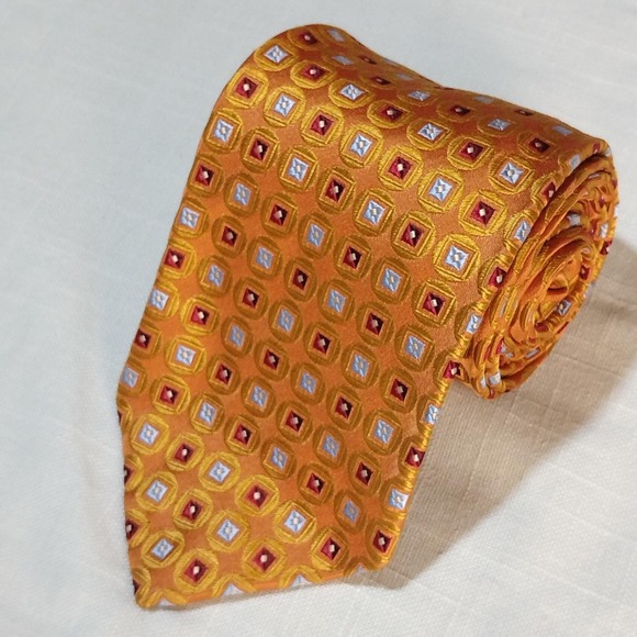 Ermenegildo Zegna Tie Mens One Size Orange Silk Geometric Squares Made Italy - Picture 1 of 9